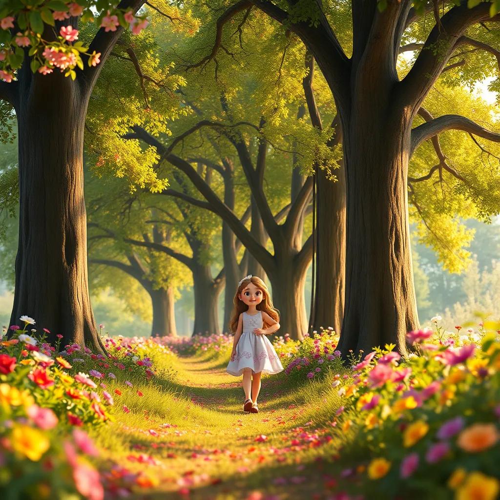 Lila y Bella caminando entre árboles grandes y flores brillantes, con un fondo lleno de colores vibrantes, digital art, travieso, mágico, perspectiva exploratoria, alta calidad