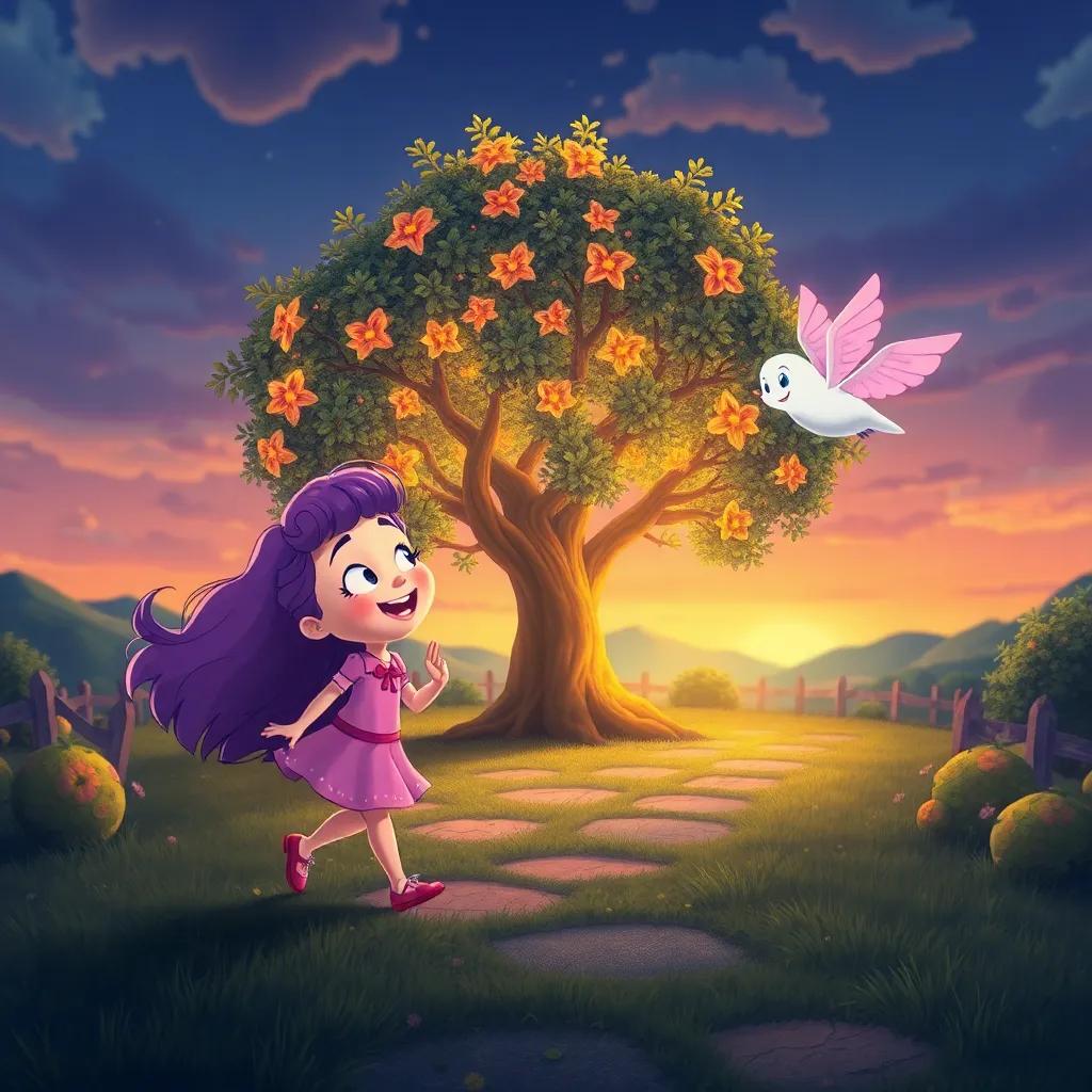 Lila y Bella regresando a su árbol al atardecer, con el árbol iluminado por colores cálidos, Lila sonriendo y Bella volando feliz, digital art, acogedor, nostálgico, perspectiva de regreso a casa, alta calidad