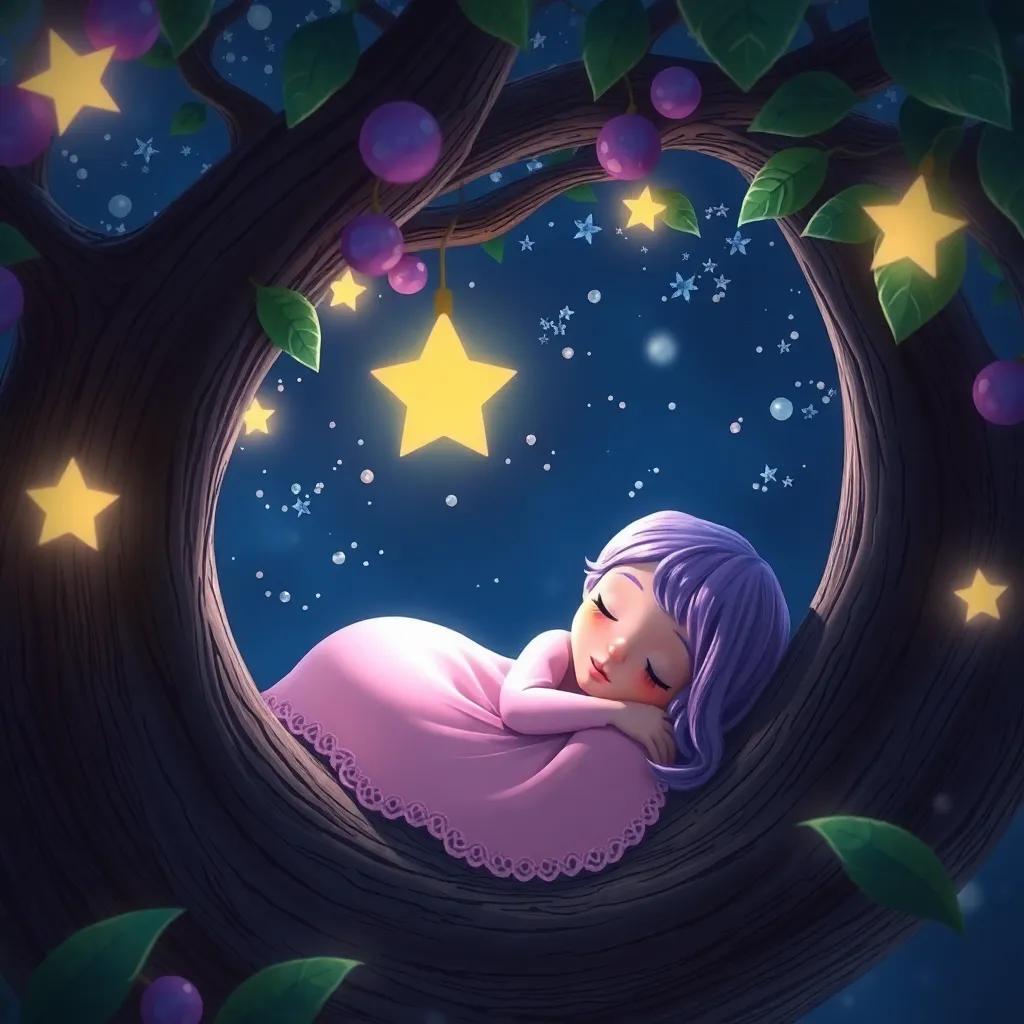 Lila dormida en su árbol, soñando con nuevas aventuras, con estrellitas brillando alrededor, digital art, suave, soñador, perspectiva de sueños, alta calidad