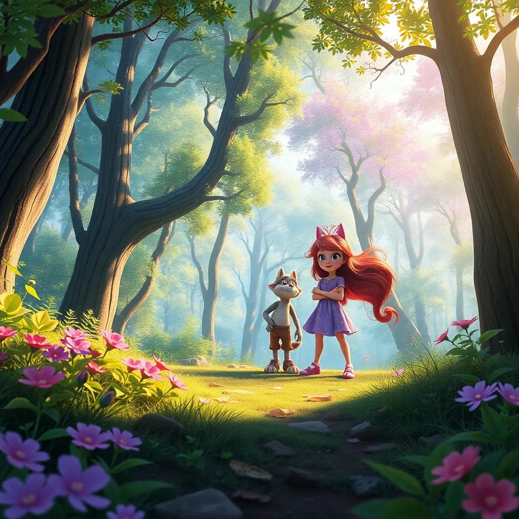 Un paisaje hermoso del bosque con Lila y Bella en primer plano, llenos de alegría y colores vibrantes, digital art, mágico, inspirador, perspectiva de aventura, alta calidad