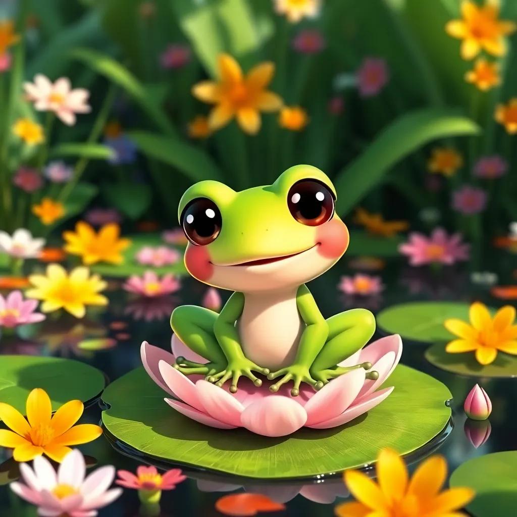 A small green frog, Rina, with big eyes and a cheerful smile, sitting on a lily pad in a vibrant pond filled with colorful flowers, illustration, bright colors, joyful scene, high quality