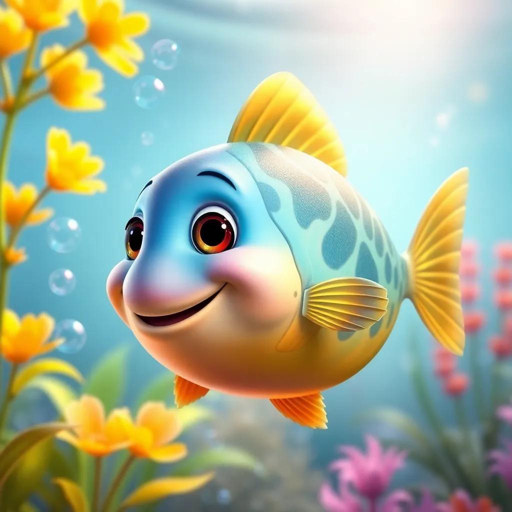 A friendly fish, Pablo, with shiny scales and a big smile, swimming next to Rina in the pond, surrounded by bubbles and bright underwater plants, digital art, cheerful colors, fun atmosphere, high quality