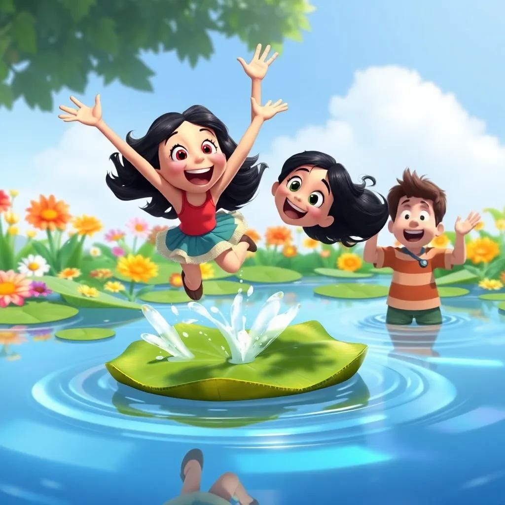 Rina jumping with excitement, making a splash when she lands on a lily pad, while Pablo cheers from the water, colorful flowers in the background, illustration, dynamic scene, bright colors, high quality