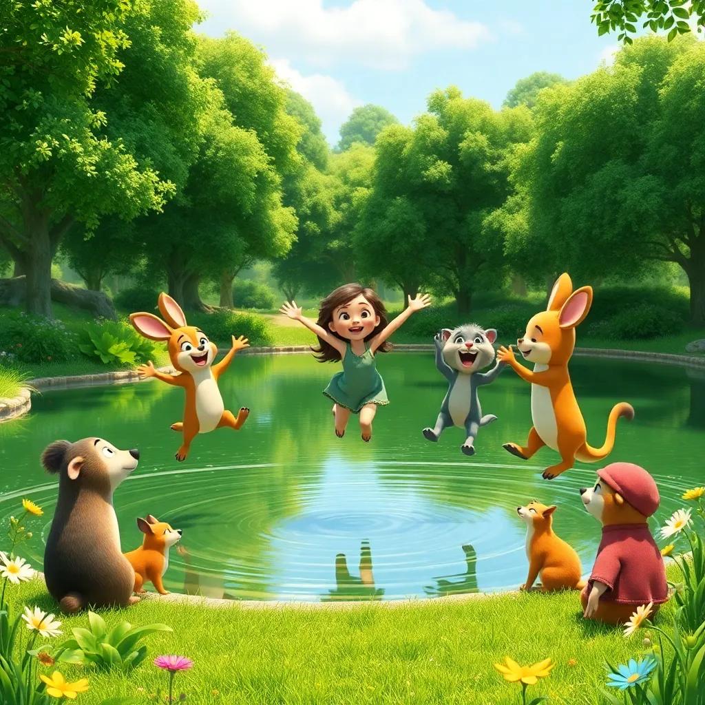 A joyful scene at the pond with Rina and her animal friends practicing jumping together, all laughing and having fun, vibrant green trees and flowers, digital art, lively colors, cheerful atmosphere, high quality