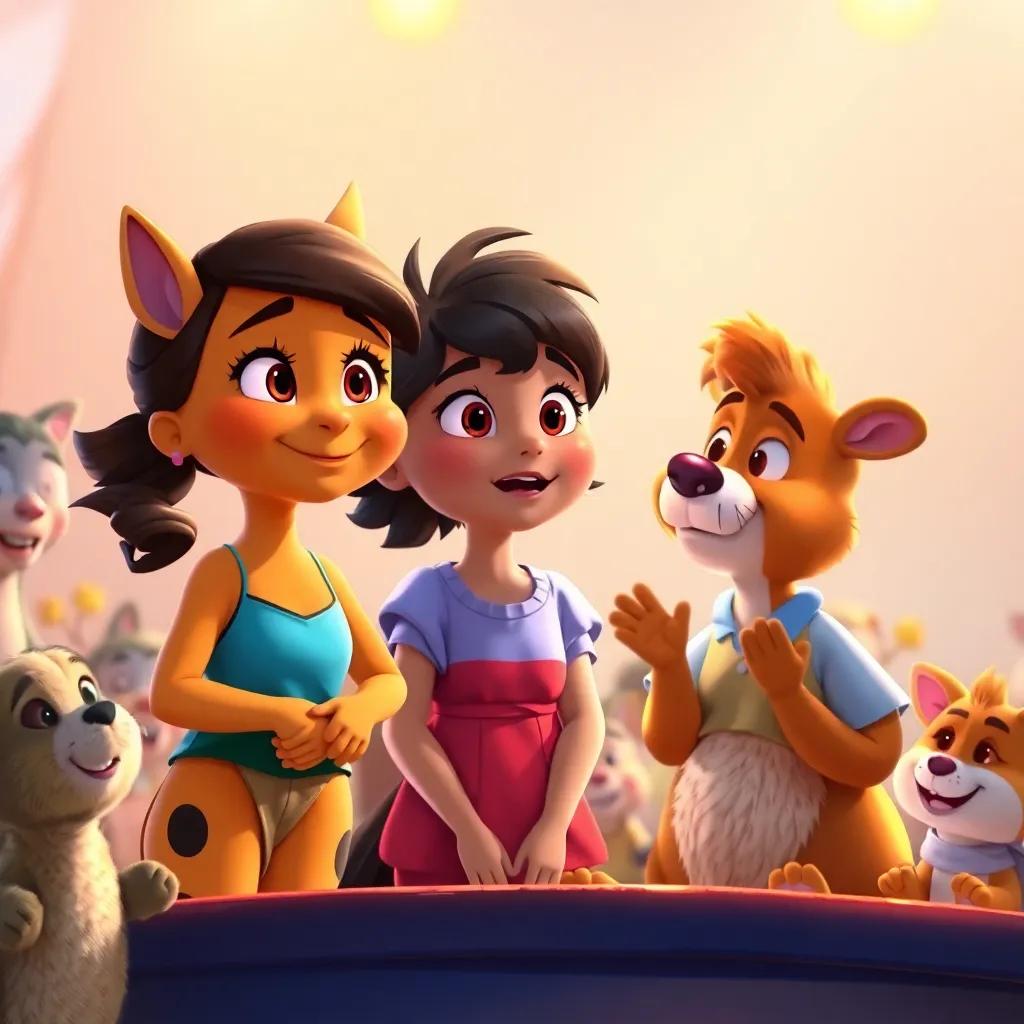 Rina nervous but excited before the jump contest, with Pablo giving her words of encouragement, surrounded by other animals cheering, digital painting, warm and friendly colors, uplifting atmosphere, high quality