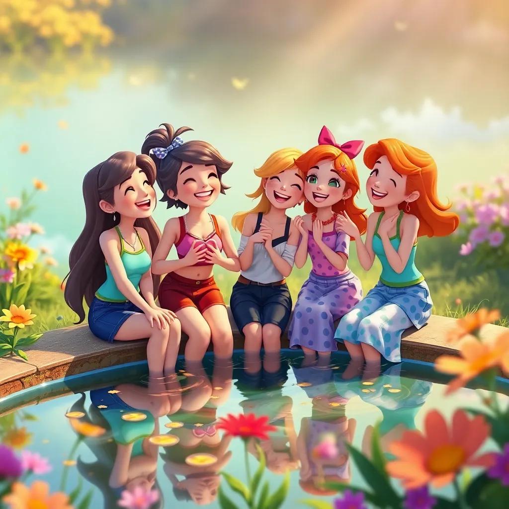 Rina and her friends celebrating after the competition, laughing and playing together on the edge of the pond, cheerful atmosphere, colorful flowers around, digital art, warm colors, happy vibe, high quality
