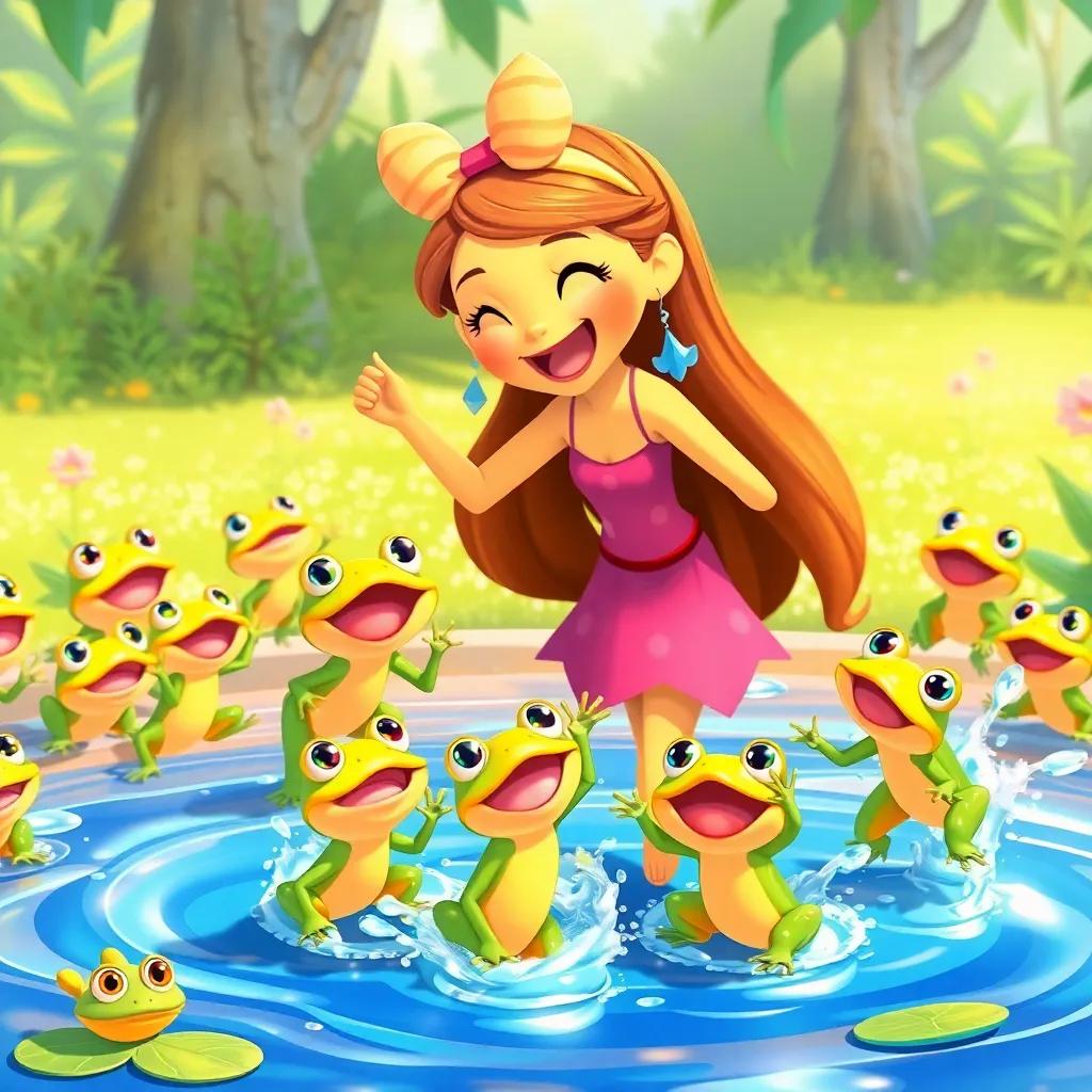 Rina teaching younger frogs how to jump, surrounded by playful frogs and a splash of water from their jumps, sunny day, illustration, bright colors, engaging and cheerful, high quality