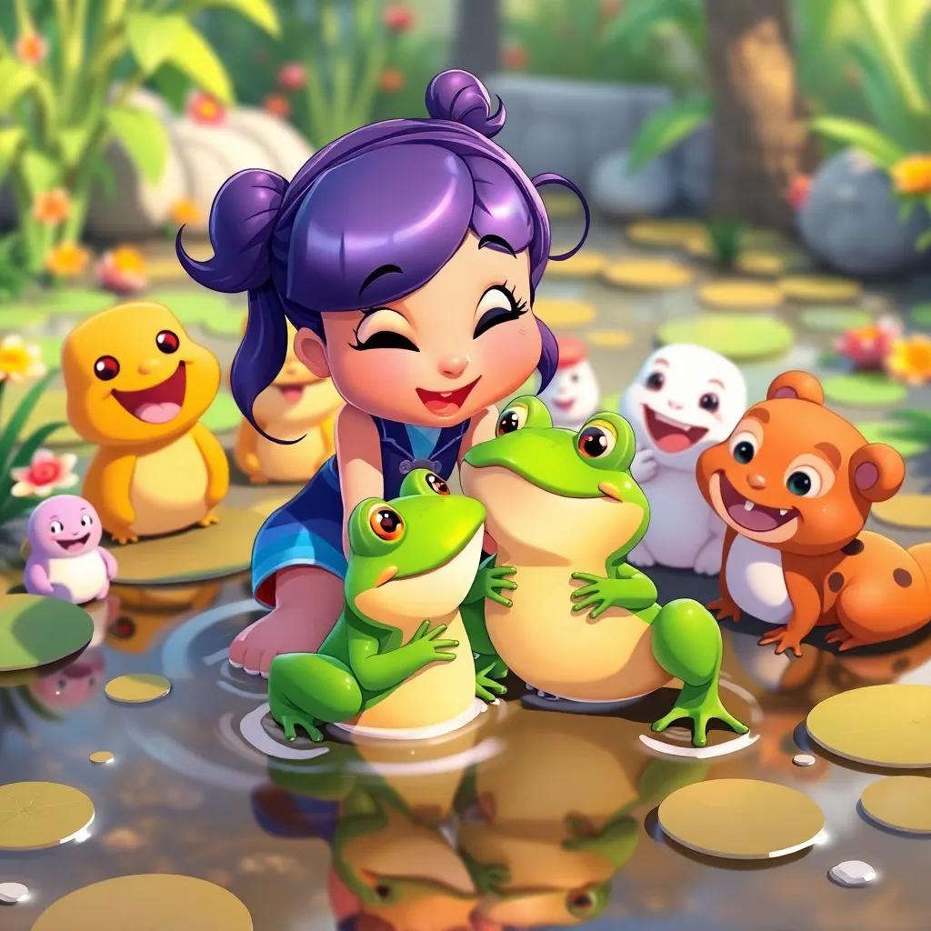 A heartwarming scene of Rina helping a younger frog who fell, all animals giggling and supportive around, colorful pond background, digital art, friendly colors, happy vibe, high quality