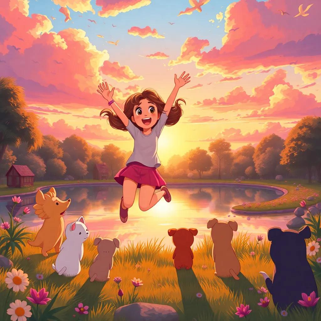 Rina happily jumping into the sunset, surrounded by friends, with a beautiful view of the pond and colorful sky, joyful scene, illustration, warm colors, magical atmosphere, high quality