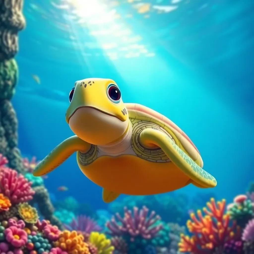 A curious turtle named Tula, swimming near a colorful coral reef, vibrant colors, sunlight filtering through water, cheerful atmosphere, vivid marine life