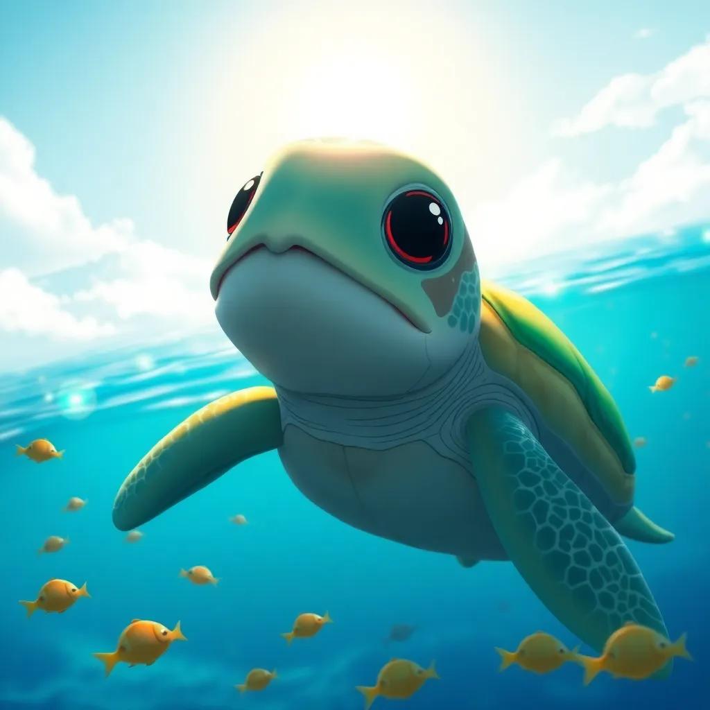 Tula the turtle looking out at the vast ocean, her shell shining under the sun, surrounded by small fish, bright blue water, adventurous vibe