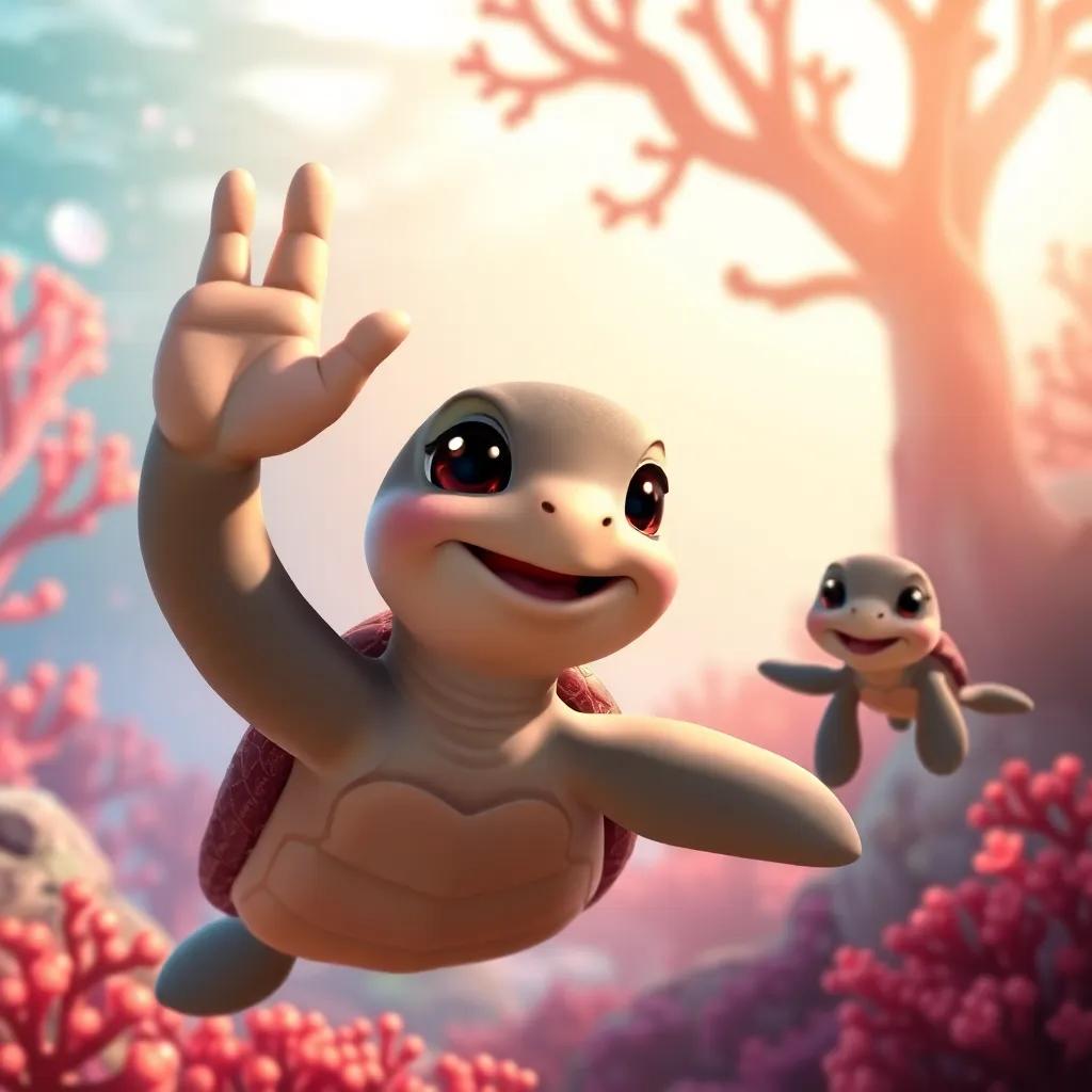 Tula waving goodbye to her turtle family, smiling with excitement, coral backdrop, warm and inviting light, sense of adventure