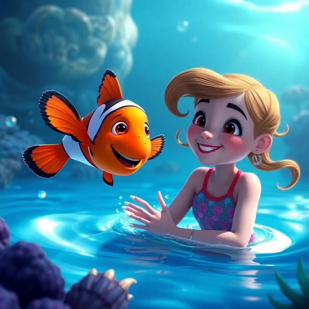 Tula meeting a clownfish named Pipo, Pipo jumping playfully in the water, Tula smiling, vibrant ocean scene, joyful and energetic atmosphere
