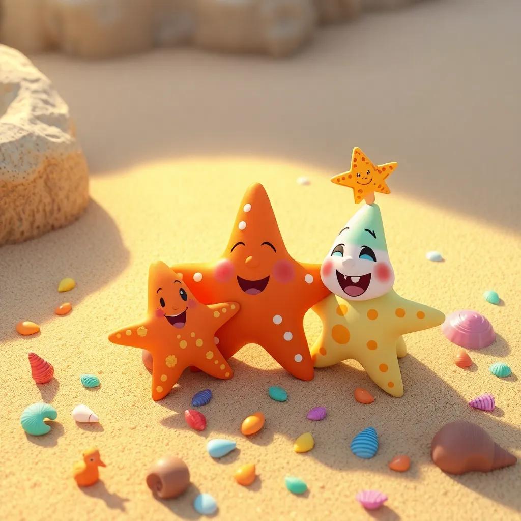 Tula, Pipo, and Estela the starfish playing together on a sandy beach, colorful shells scattered around, warm sunlight, fun and friendship