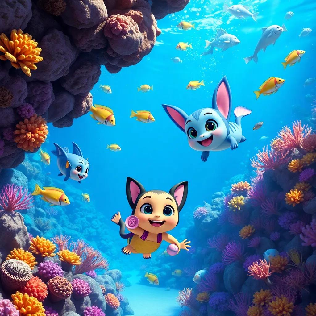 Tula and her friends exploring the vibrant marine world, swimming amidst colorful corals and stunning underwater life, happy and engaging scene
