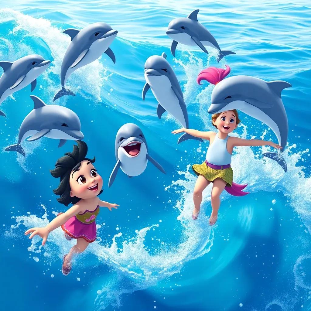 Tula and Pipo meeting a group of lively dolphins, jumping through the waves, excitement in the air, bright and cheerful colors