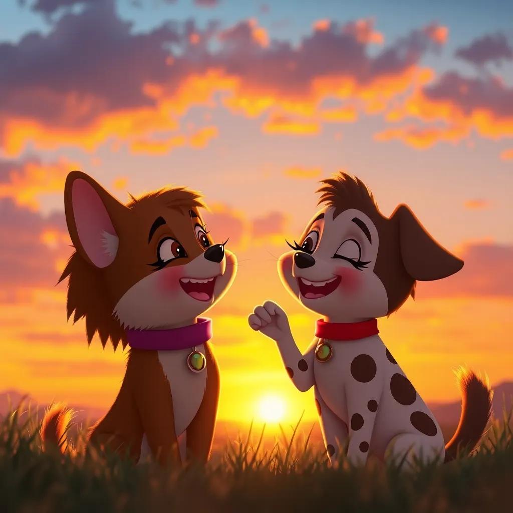 Tula saying goodbye to her new friends at sunset, warm colors in the sky, blissful expressions, heartwarming moment