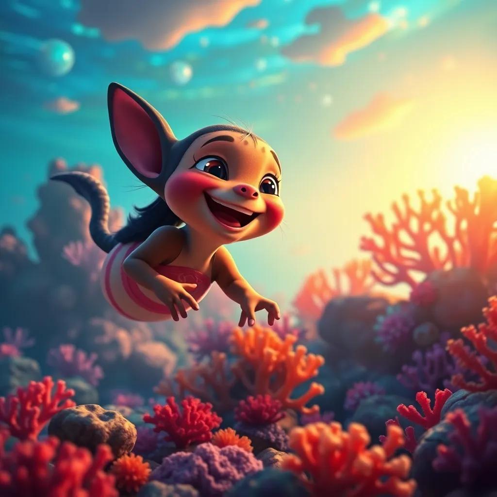 Tula returning home to her coral reef, filled with joy, colorful backdrop, glowing warm light, sense of fulfillment