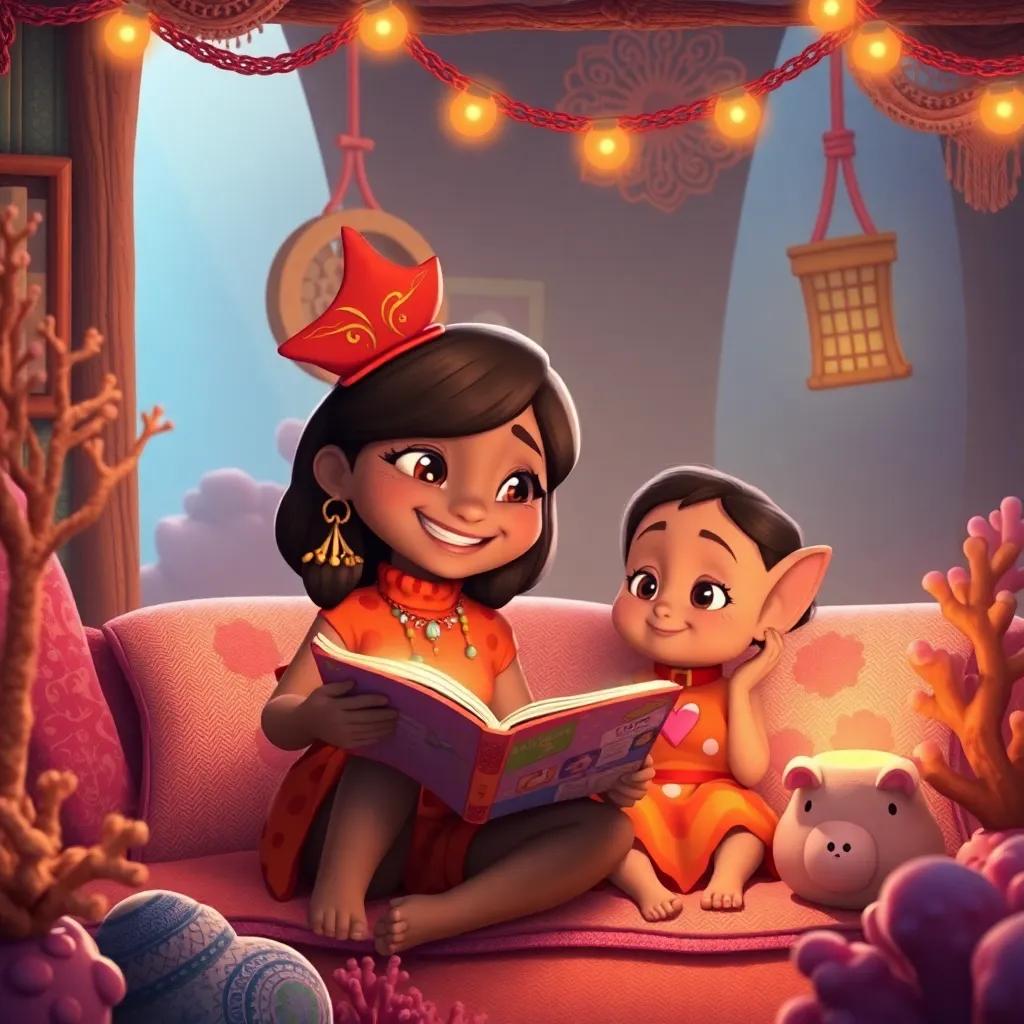 Tula happily sharing her adventure stories with her family back home, cozy coral setting, warm and inviting atmosphere