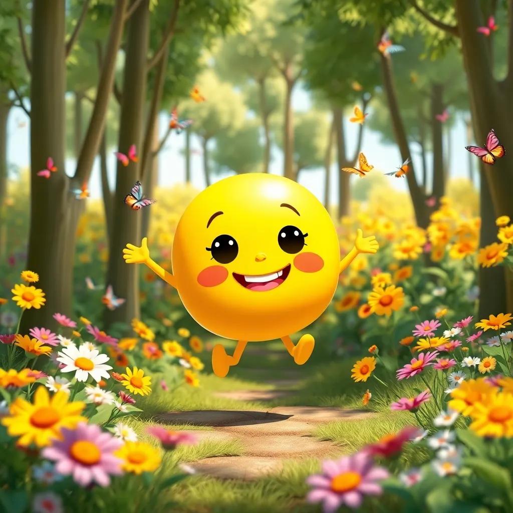 A vibrant illustration of Excla, a small exclamatory sentence with a big smile, jumping in a sunny forest filled with colorful flowers, surrounded by tall green trees and butterflies, digital art, cheerful colors, bright atmosphere, kid-friendly