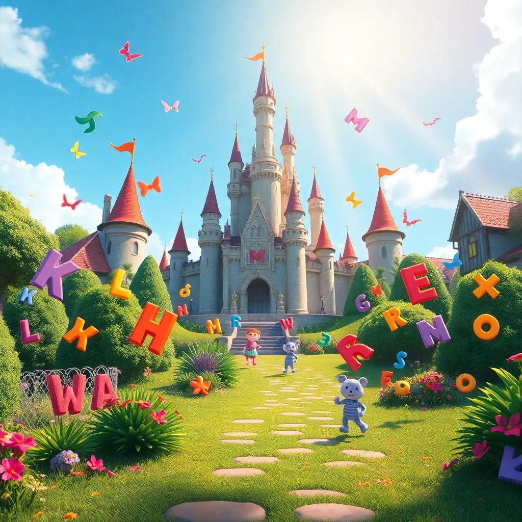 The magical realm of the Kingdom of Grammar, with a whimsical castle in the background and various letters dancing joyfully in the air, a warm sunlight showering over the scene, colorful and engaging, magical