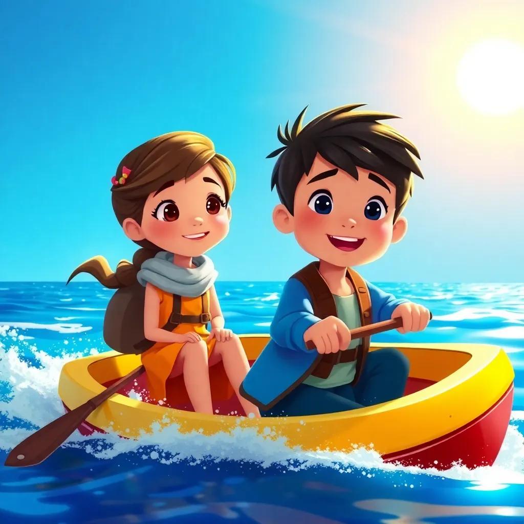 Laura y su primo Miguel, un niño aventurero con cabello rizado y chaqueta azul, en un pequeño bote de remos navegando por un mar azul brillante, sol radiante, aventura y emoción, illustration, vibrant colors, child-friendly