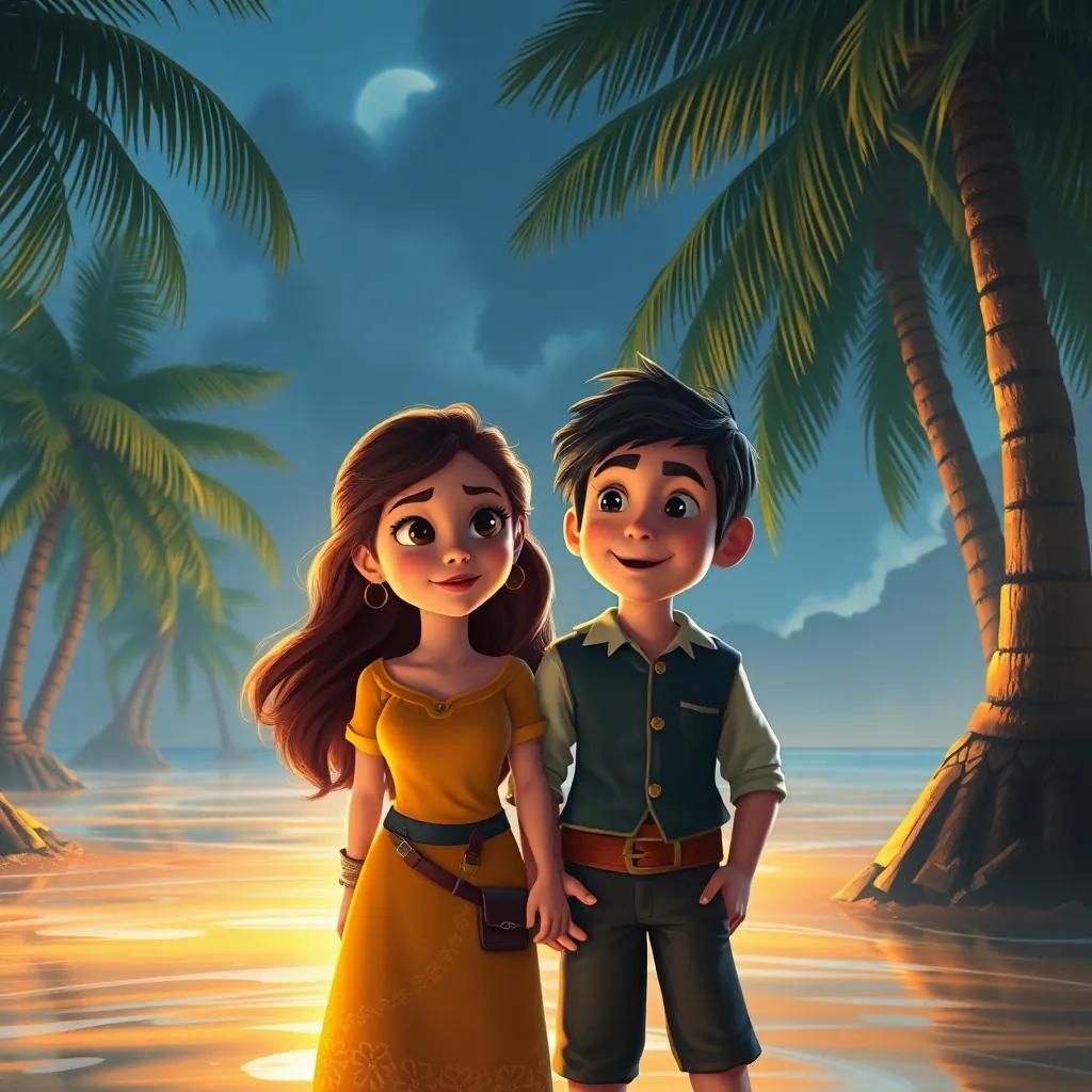 Laura y Miguel en una isla misteriosa, rodeados de palmeras, con un viento extraño soplando, expresión de asombro en sus rostros, un ambiente mágico, digital painting, inviting atmosphere, high quality