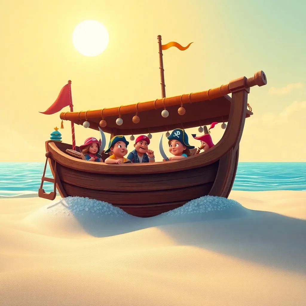 Un antiguo barril lleno de juguetes de piratas, como una espada y un sombrero, sobre la suave arena de la isla, con una luz dorada del sol, ilustración colorida y alegre, child-friendly