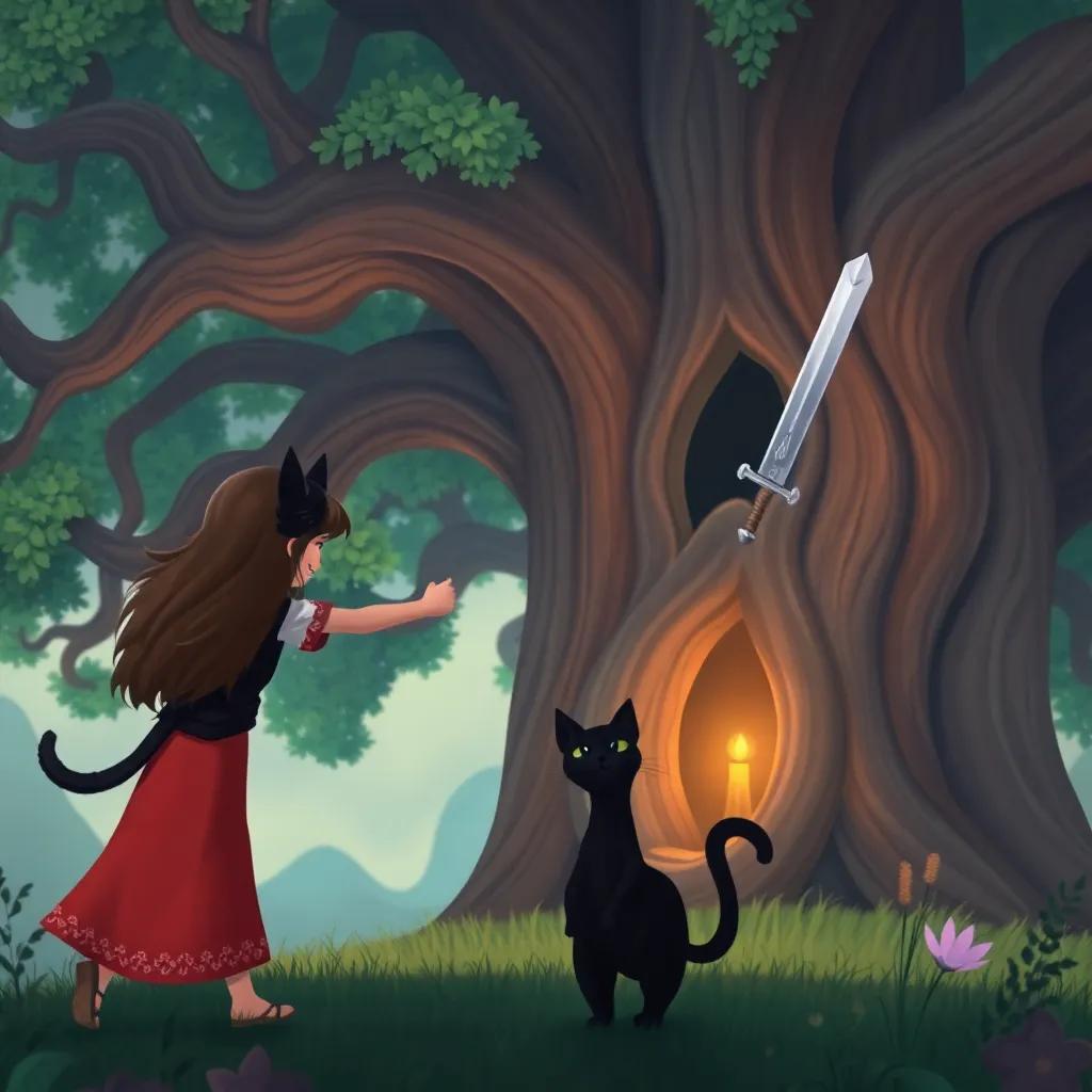 Laura levantando una espada con valor, mientras un gato negro misterioso la observa, en el fondo un gran árbol gigante con una puerta pequeña, digital art, whimsical, vibrant