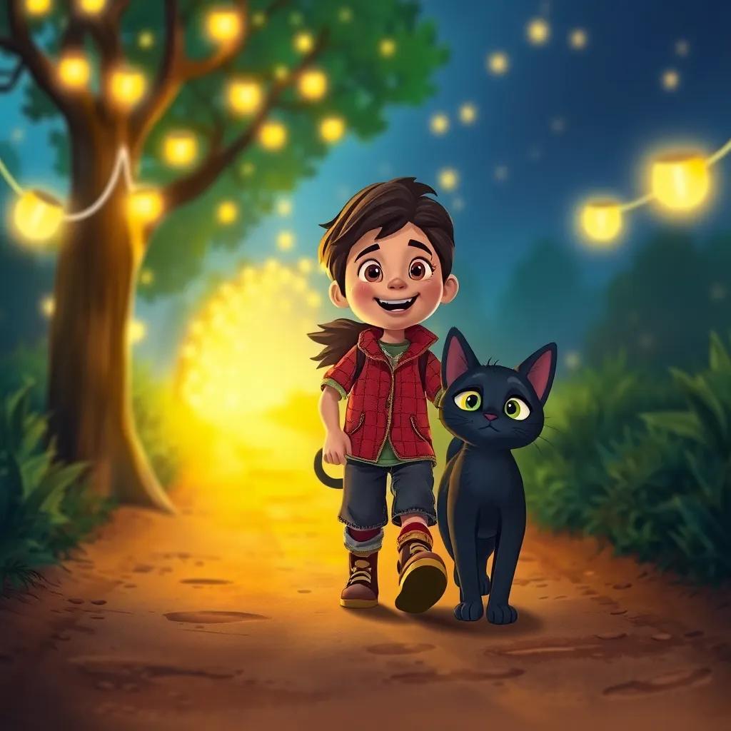 Laura, Miguel y el gato negro entrando a un camino iluminado por luces brillantes, con caras de asombro y alegría, ambiente mágico y de aventura, illustration, high quality