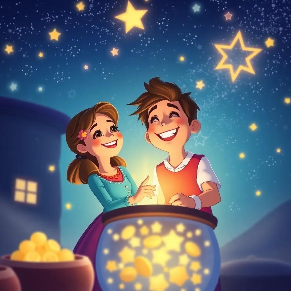Laura y Miguel, con el cofre abierto, llenos de monedas brillantes y joyas, sonriendo con felicidad, bajo un cielo lleno de estrellas, ilustración mágica, joyful atmosphere