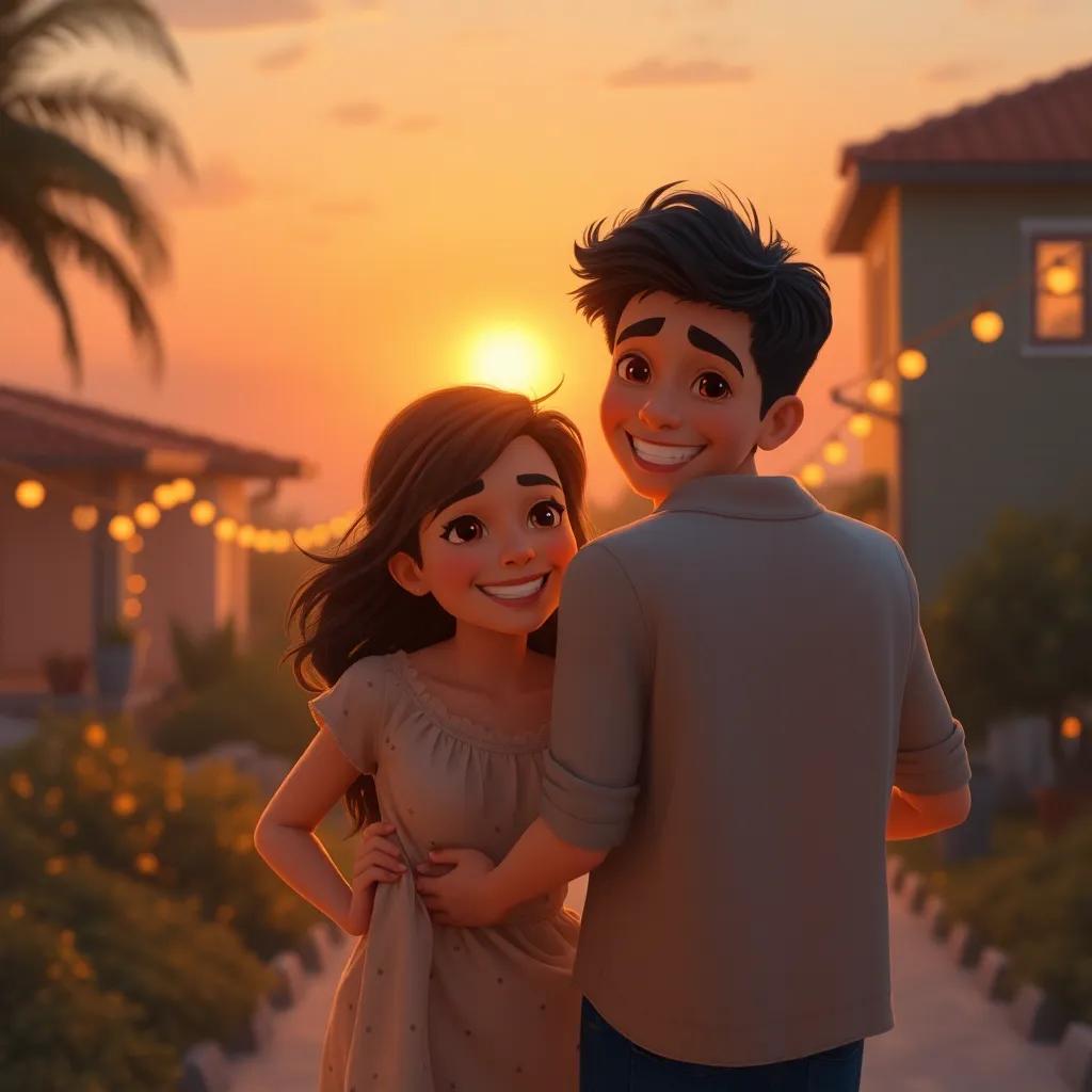 Laura y Miguel regresando a casa, con el sol poniéndose en el horizonte, rodeados de luces y risas, un ambiente cálido y familiar, digital art, inviting
