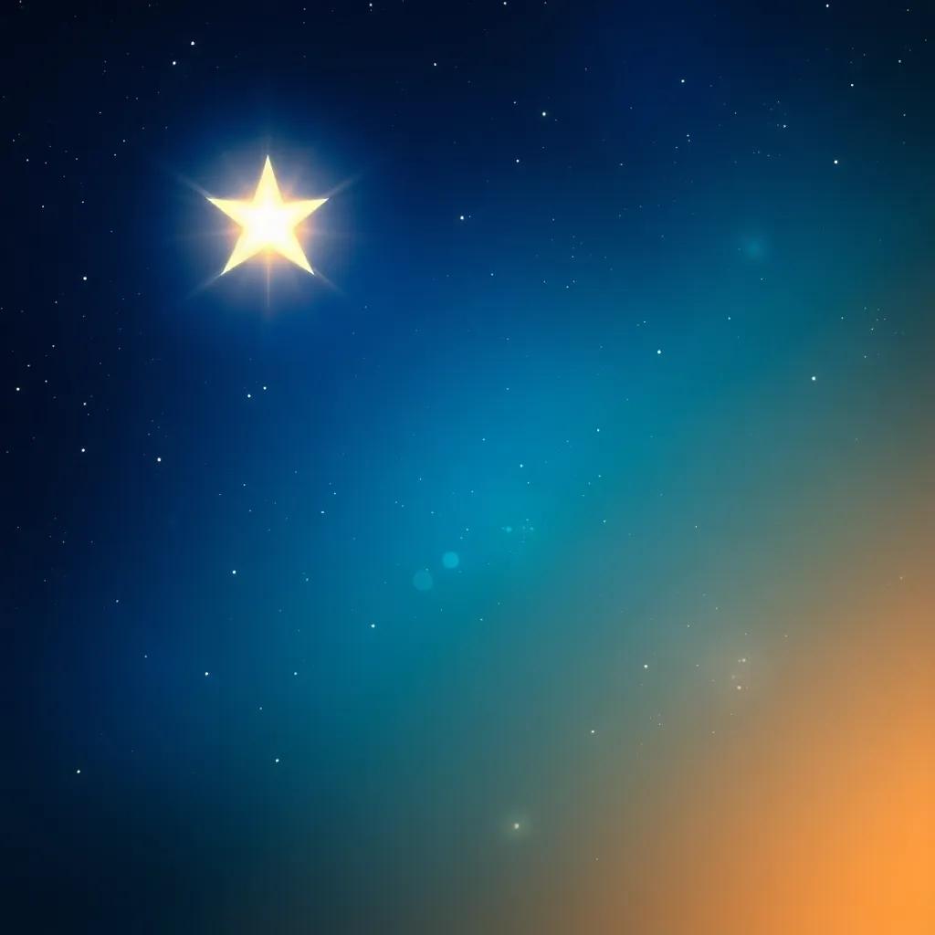 Una estrella brillando más que las demás en el cielo, simbolizando la aventura y la amistad, en un fondo de cielo oscuro y claro, digital painting, vibrant, uplifting