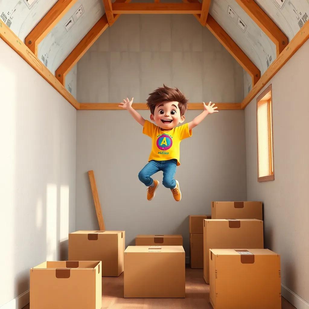 A cheerful boy, Leo, with short brown hair wearing a bright t-shirt and jeans, jumping on empty boxes in a small house under construction, colorful, vibrant atmosphere, lighthearted, playful spirit, digital art, high quality