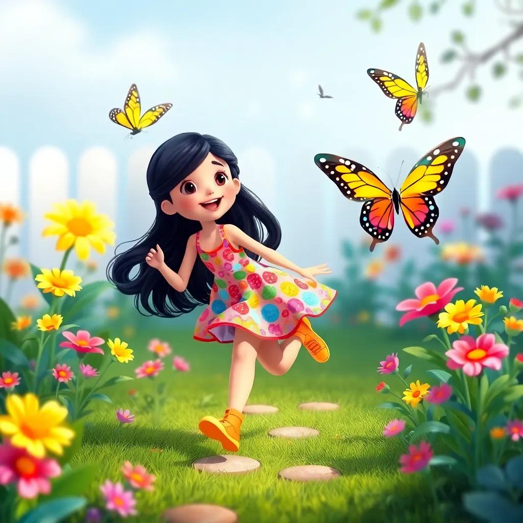 A joyful girl, Lina, with long black hair wearing a colorful dress, running in a small garden with vibrant flowers and chasing a colorful butterfly, whimsical scene, bright colors, enchanted feeling, children's illustration, high quality