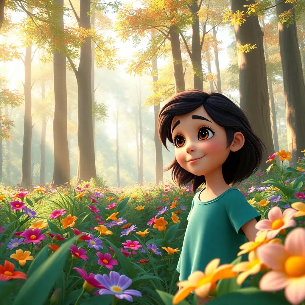 A curious girl, Lía, exploring a vibrant forest filled with tall trees and colorful flowers, sunlight streaming through the leaves, digital art, cheerful and bright, warm colors, immersive perspective, high quality