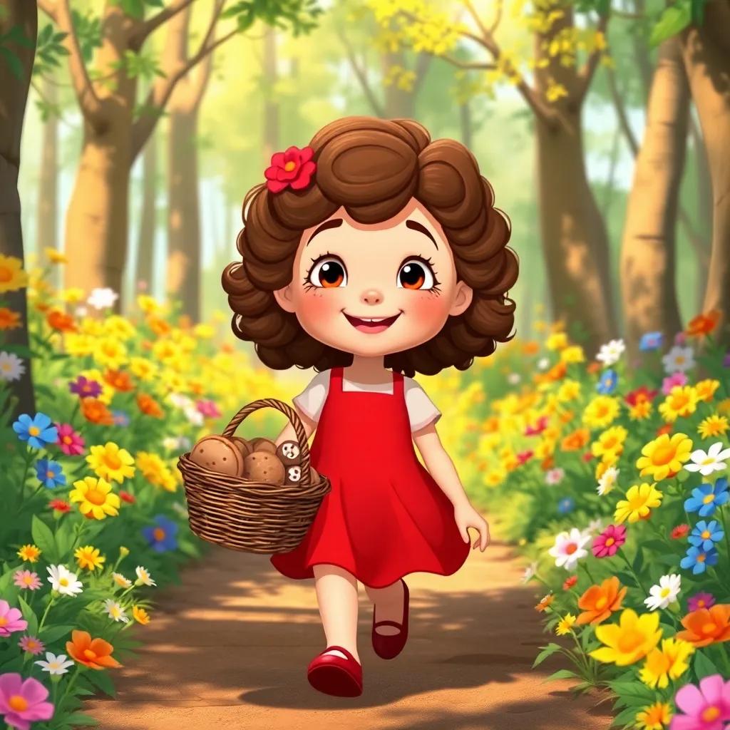 A cheerful girl, Lila, with curly brown hair and a red dress, holding a basket of cookies, walking through a sunny forest filled with colorful flowers, bright and cheerful, vibrant colors, high quality