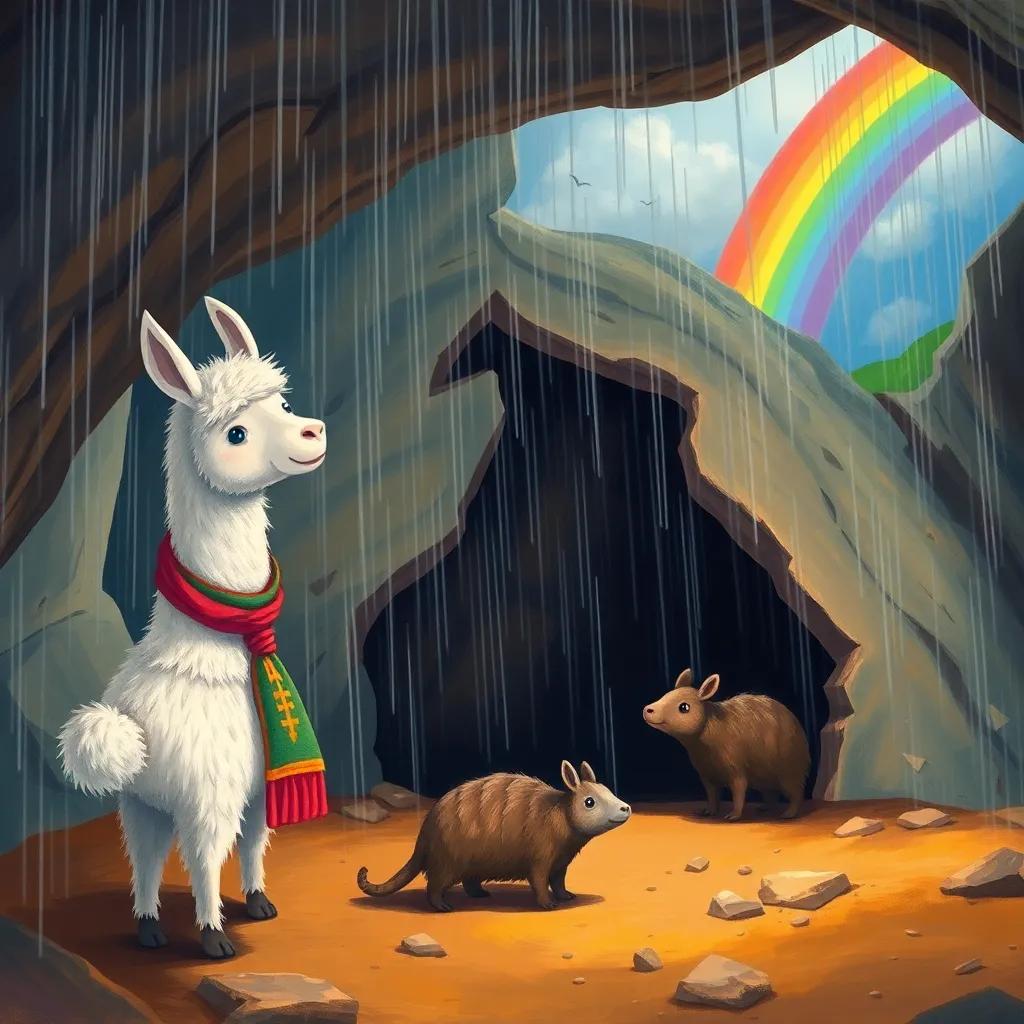 A brave llama guiding a small armadillo named Quirquincho out of a cave, with heavy rain falling around them, a rainbow appearing in the distance, encouraging and vibrant scene, illustration, joyful, child-friendly, high quality