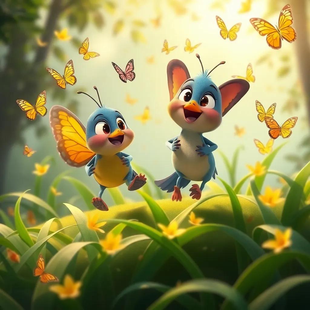 Pato y Pata corriendo sobre la suave hierba, con mariposas de colores revoloteando a su alrededor, sintiéndose emocionados y curiosos, digital art, estilo infantil, cálidos tonos de verano, enfoque nítido