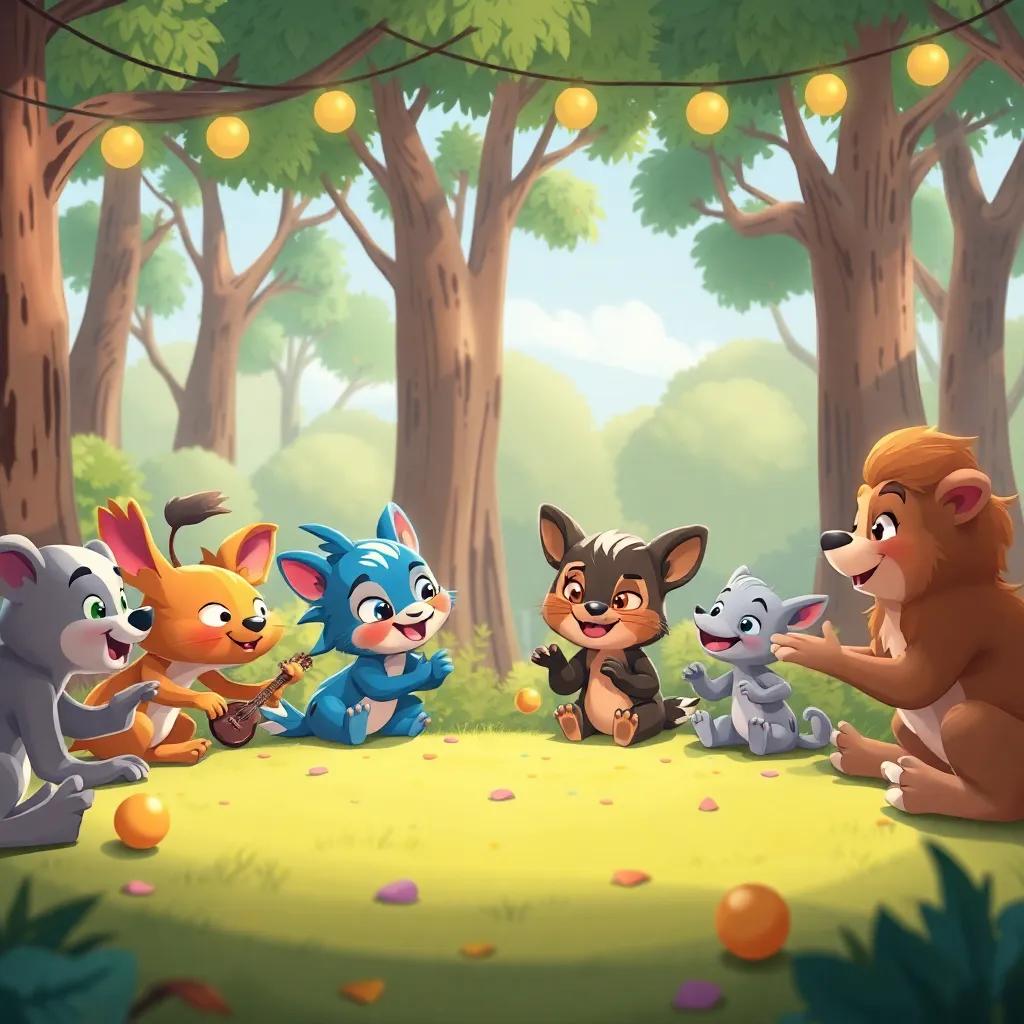 Un grupo de animales jugando a las escondidas con Pato y Pata que se acercan con sonrisas, árboles altos de fondo y un ambiente festivo, ilustración colorida, lleno de alegría, vista amigable