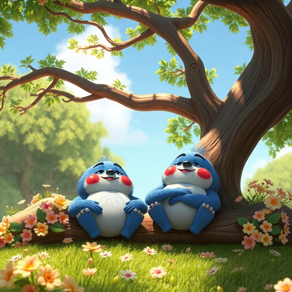 Pato y Pata descansando bajo un gran árbol, con expresiones felices, rodeados de flores y un cielo azul, digital art, cálido y acogedor, relajante atmósfera, detallado