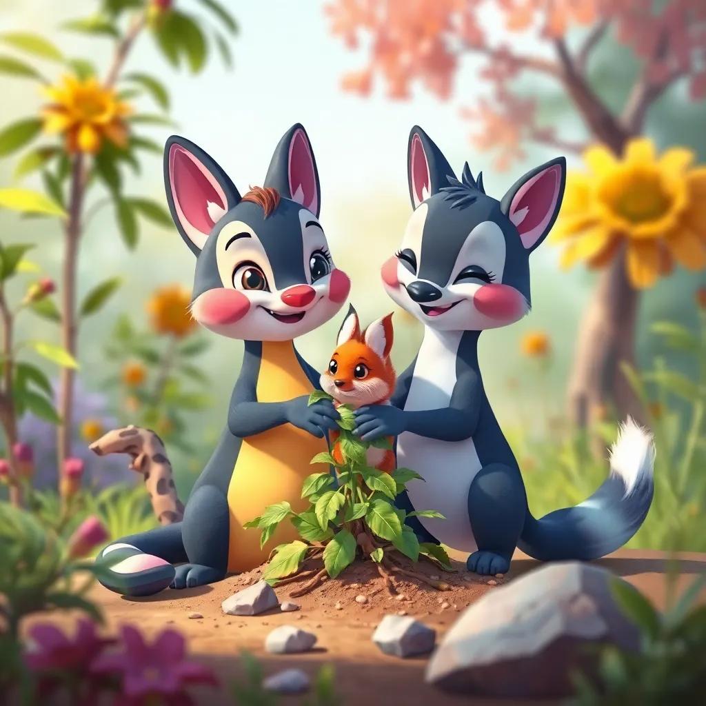 Pato y Pata con un pequeño conejo, todos trabajando juntos para liberarlo de un arbusto, con un fondo de naturaleza colorida, ilustración amigable, cooperativa y divertida, tonos brillantes