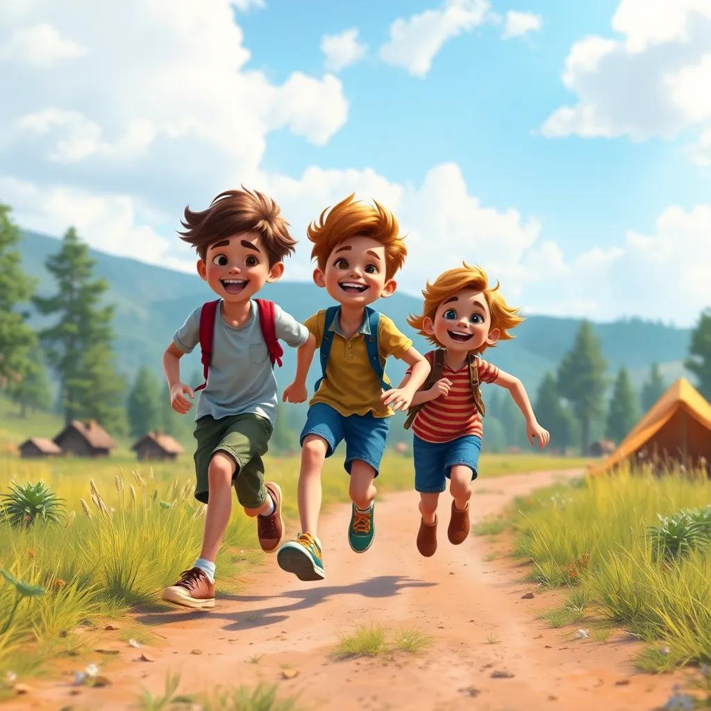 Los tres amigos corriendo y jugando felices por el campo, disfrutando de la naturaleza y llenos de energía, digital painting, vibrante y dinámico, ambiente de celebración, alta calidad