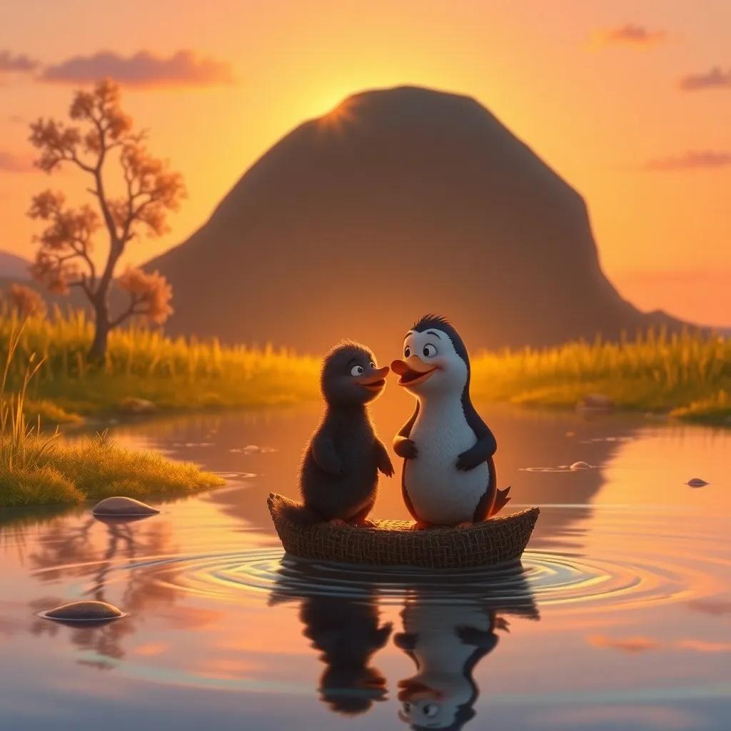 Pato y Pata regresando a su estanque al atardecer, rodeados de una luz dorada y con una sensación de satisfacción, ilustración mágica, cálidos colores de puesta de sol, vista tranquila y positiva