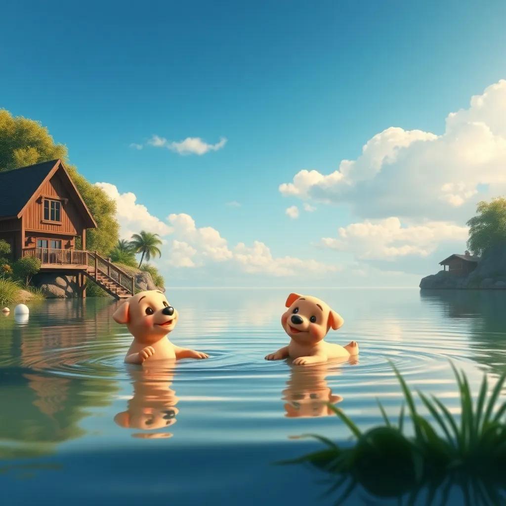 Una vista del tranquilizante estanque con los patitos Pato y Pata nadando felices, disfrutando su amistad y su casa, arte digital, sereno y alegre, conexión y paz, detalle delicado