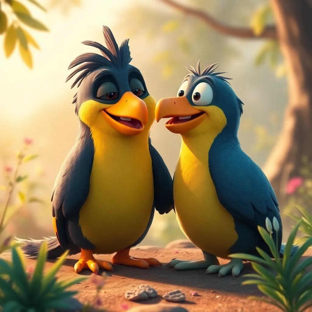 Pato y Pata compartiendo una risa juntos, rodeados de momentos alegres de su aventura, con un fondo de naturaleza brillante, ilustración conmovedora, cálidos colores, enfoque emotivo