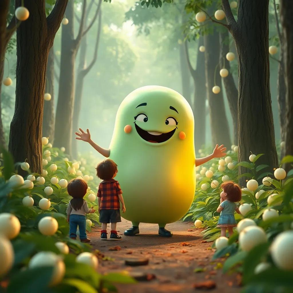 Un caramelo de menta llamado Pepito, con una gran sonrisa, guiando a los niños a través un bosque lleno de gomitas, ilustración mágica, alegra, lleno de dulzura, vista encantadora, alta calidad