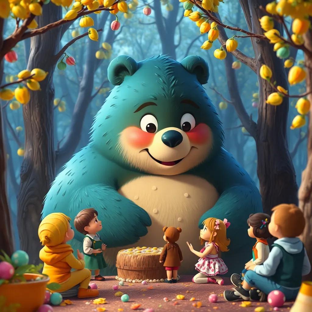 Un enorme oso de galleta, amigable y sonriente, hablando con los niños en el bosque de dulces, rodeado de árboles de chicle, artístico, colorido, detalle encantador, calidad visual alta