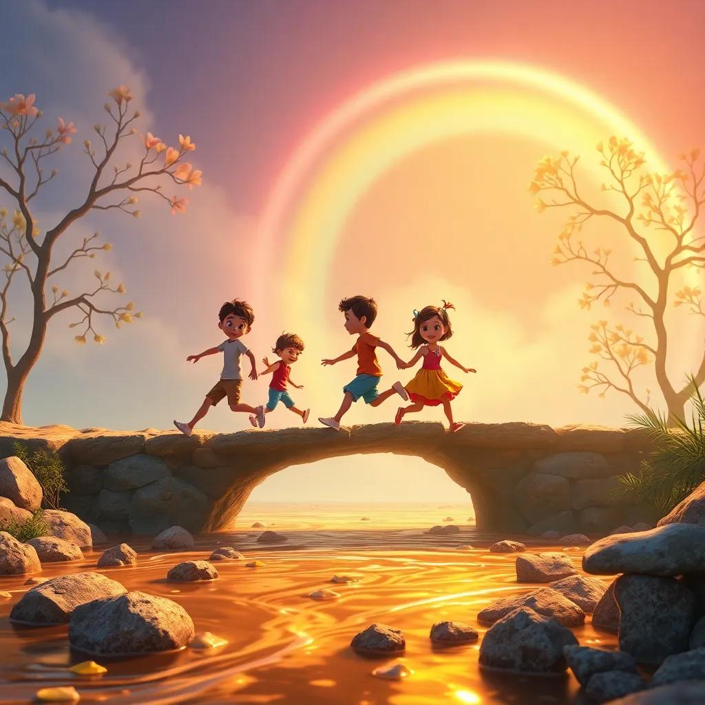 Los niños cruzando un puente de galletas de jengibre sobre un río de caramelo, con un arco iris brillante al fondo, digital art, colorido, mágico, perspectiva alegre, calidad visual alta