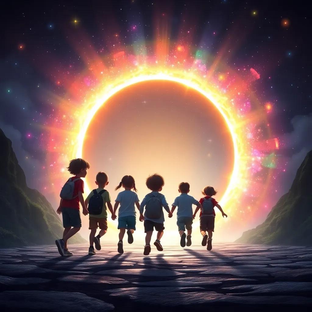Los niños encontrando un portal brillante al final del arco iris, emocionados y corriendo hacia él, con luces brillantes y colores vibrantes, arte digital, mágico, inspirador, calidad alta